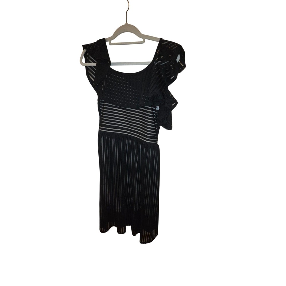 Gianni Bini Black White Striped Ruffle Mesh Sleeveless Dress Size Small - Picture 2 of 3